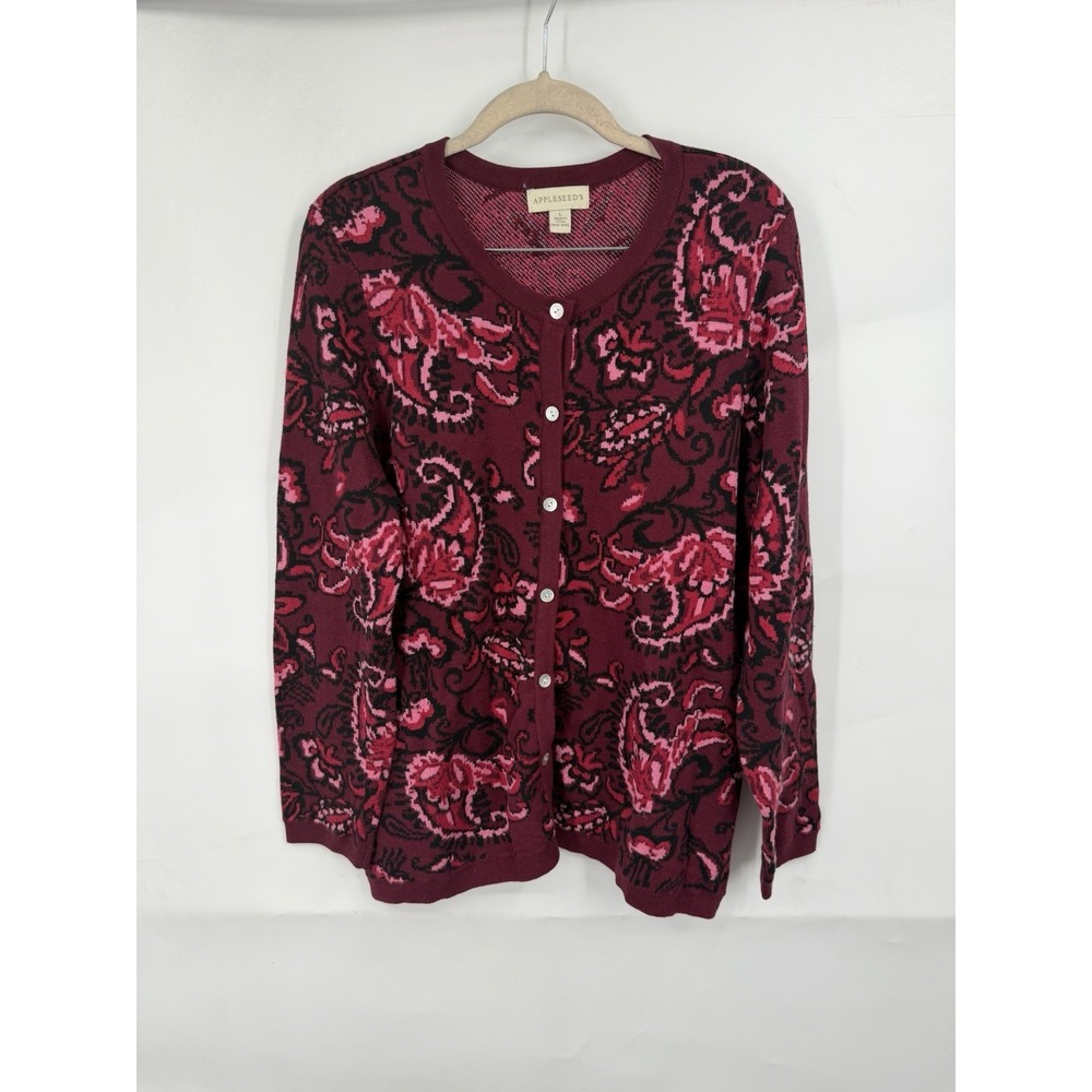 Appleseeds Floral Button Front Sweater‎ Women L Burgundy Whimsigoth Cardigan